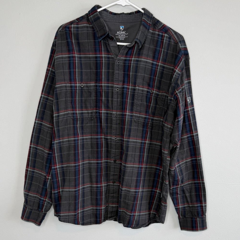 Kuhl Men’s Dark Grey Plaid Fugitive Flannel Button Up Shirt XL Blue Red Gorpcore